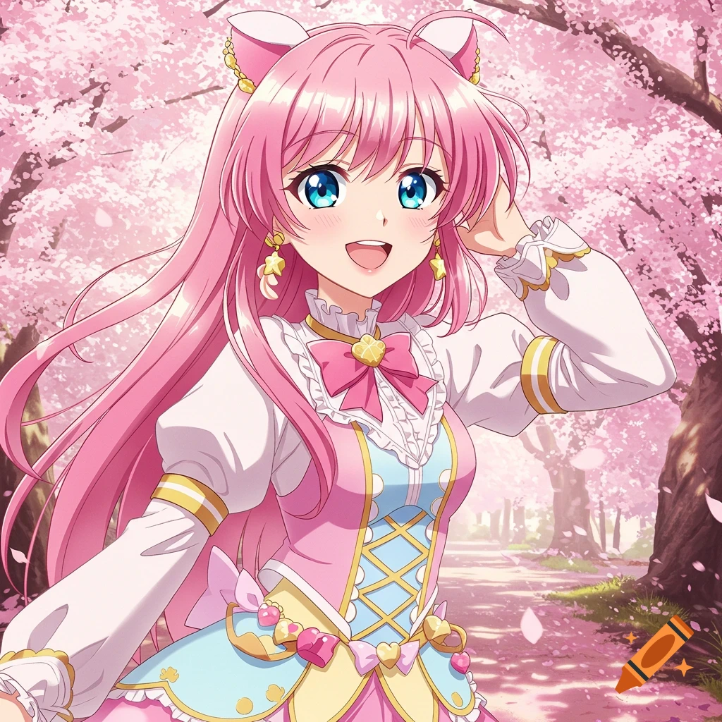 Anime girl with pink hair and blue eyes in a pink and blue dress standing in a cherry blossom forest.