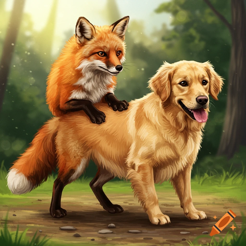 A fox is riding on a golden retriever's back in a forest.