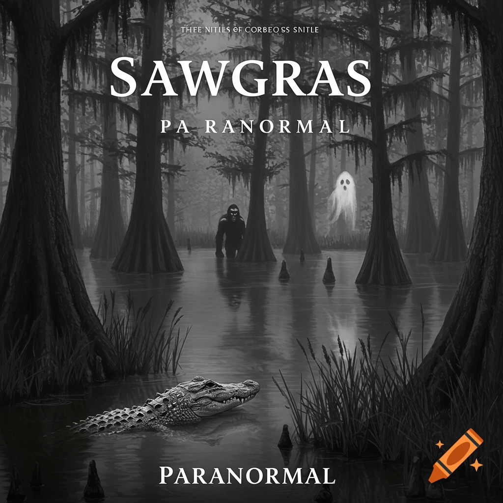 Black and white image of a swamp with an alligator, Bigfoot, and ghost. Text reads SAWGRAS PARANORMAL.