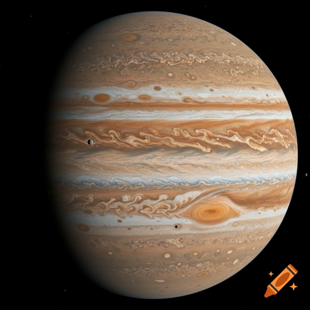 A detailed view of the planet Jupiter showing its swirling cloud bands and the Great Red Spot, with small moons visible as dots against the black background.