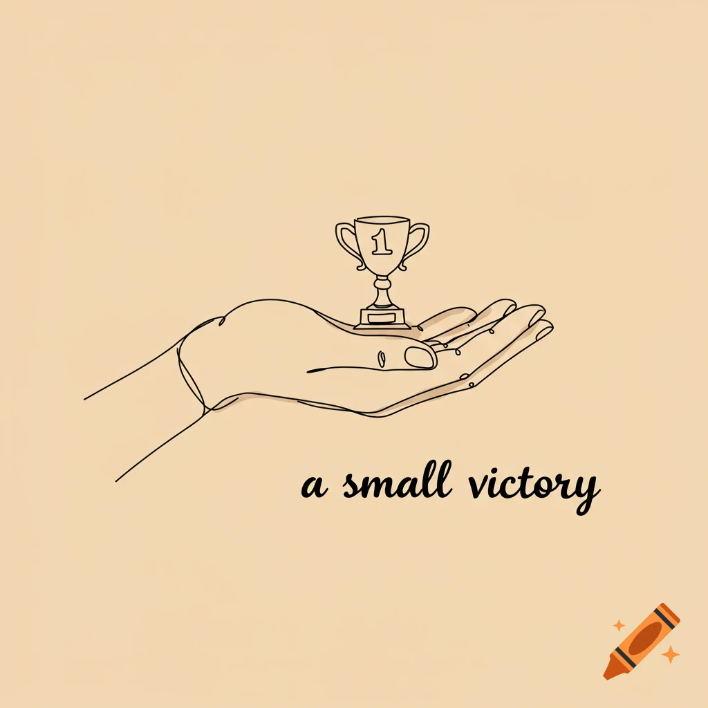 Line art drawing of a hand holding a trophy with the text "a small victory".