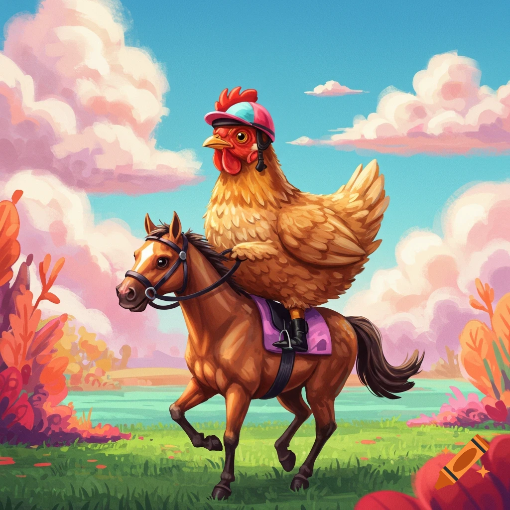 A cartoon chicken wearing a helmet rides a horse through a colorful landscape.