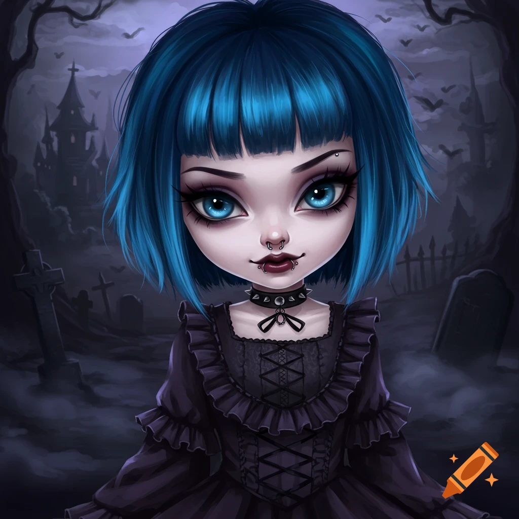 A cute goth girl with blue hair and piercings is in a spooky graveyard.