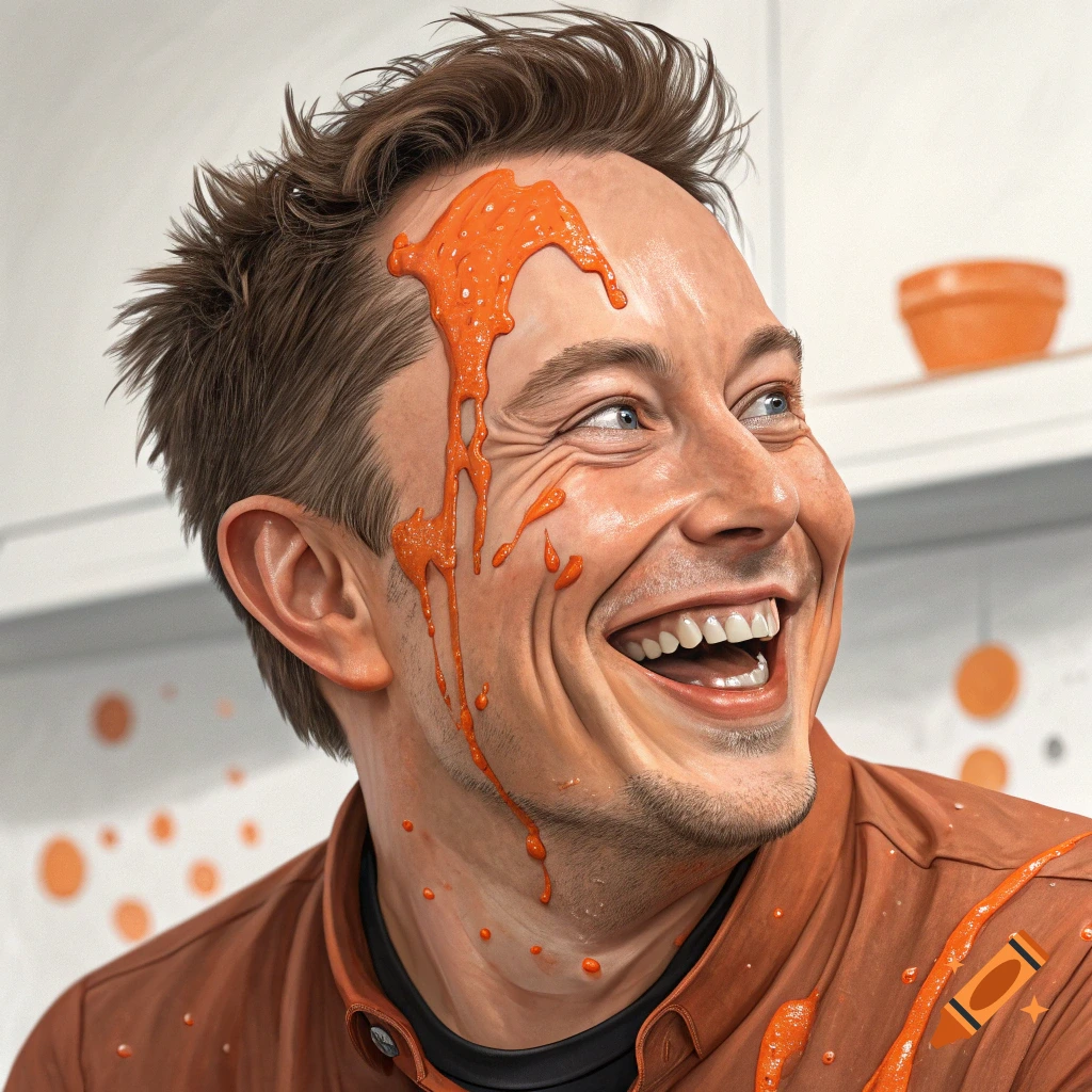 Close-up of a man resembling Elon Musk laughing with orange liquid splattered on his face and shirt.