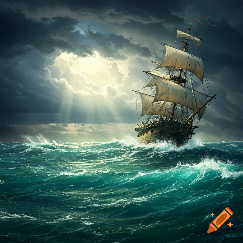 Large sailing ship on a stormy sea with sun breaking through clouds