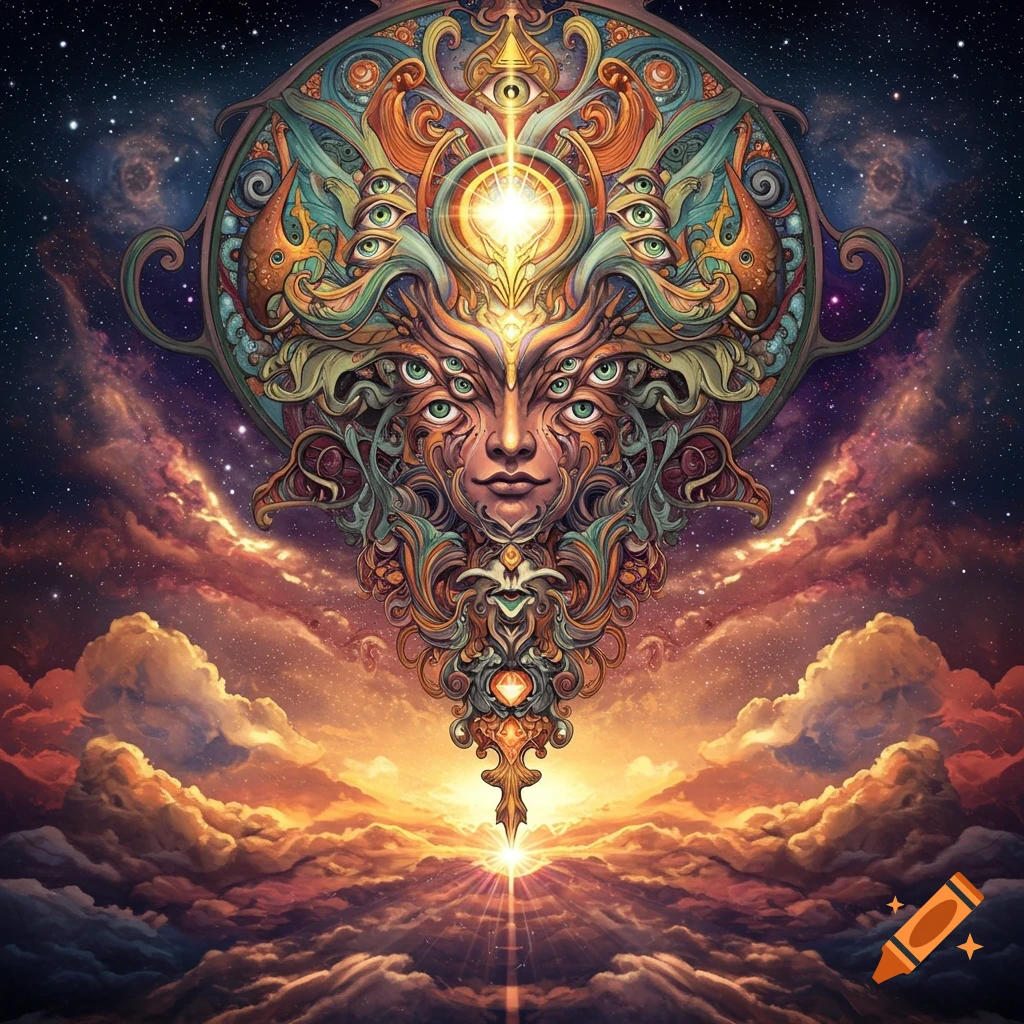 A mystical multi-eyed face with intricate patterns floating above clouds and stars at sunset.
