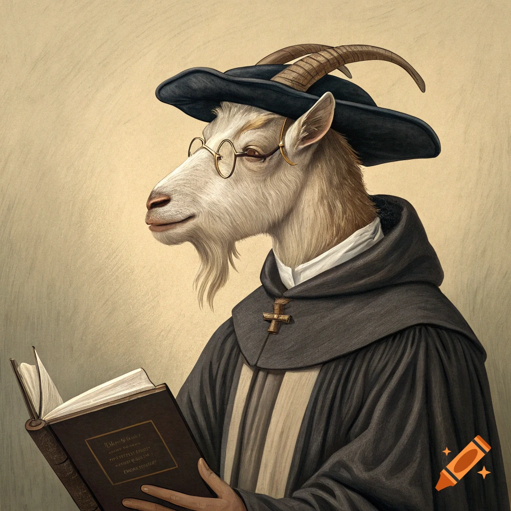 A goat wearing glasses and a black hooded robe reads a book.