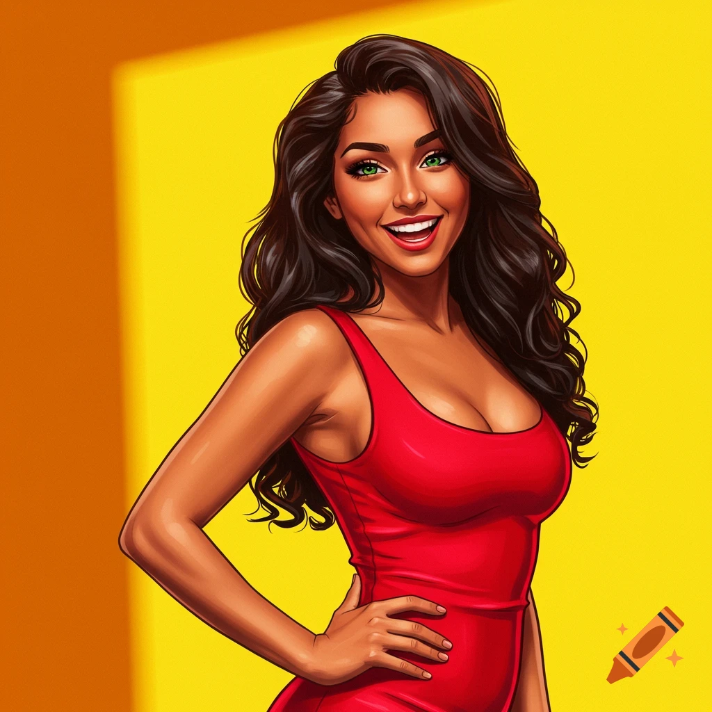 A smiling woman in a red dress with green eyes against a yellow background.