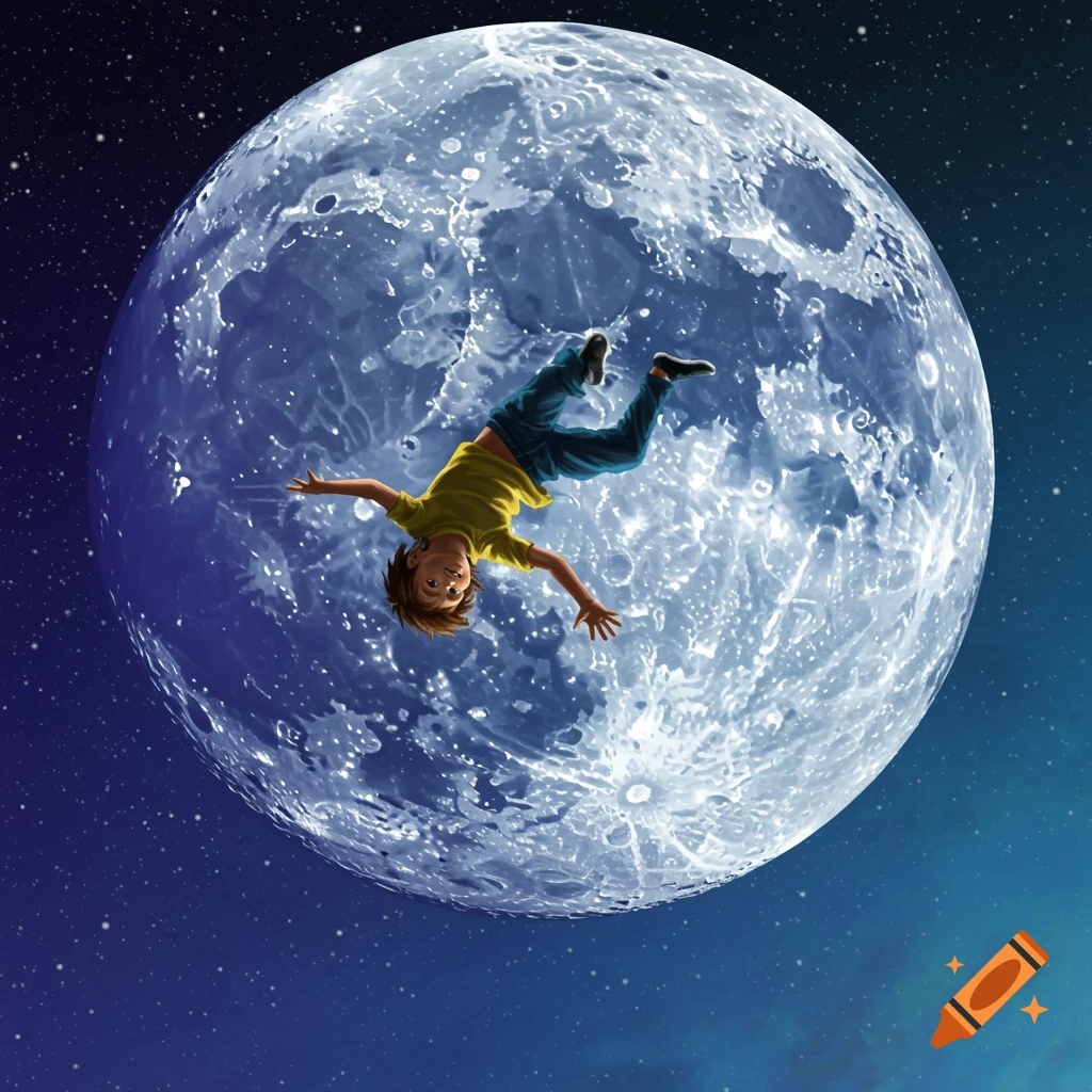 A child is doing a cartwheel over the moon in space.