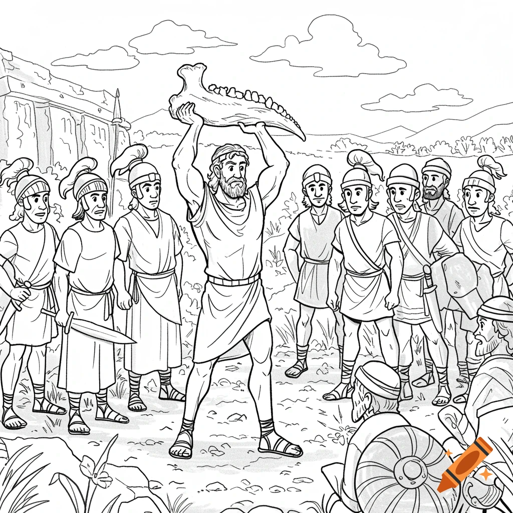 Black and white line art illustration of Samson holding a jawbone above his head, surrounded by soldiers in a landscape with ruins.