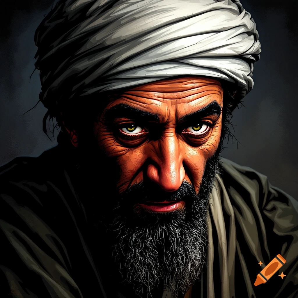 Close-up portrait of a man with a grey turban and beard, dramatic lighting.