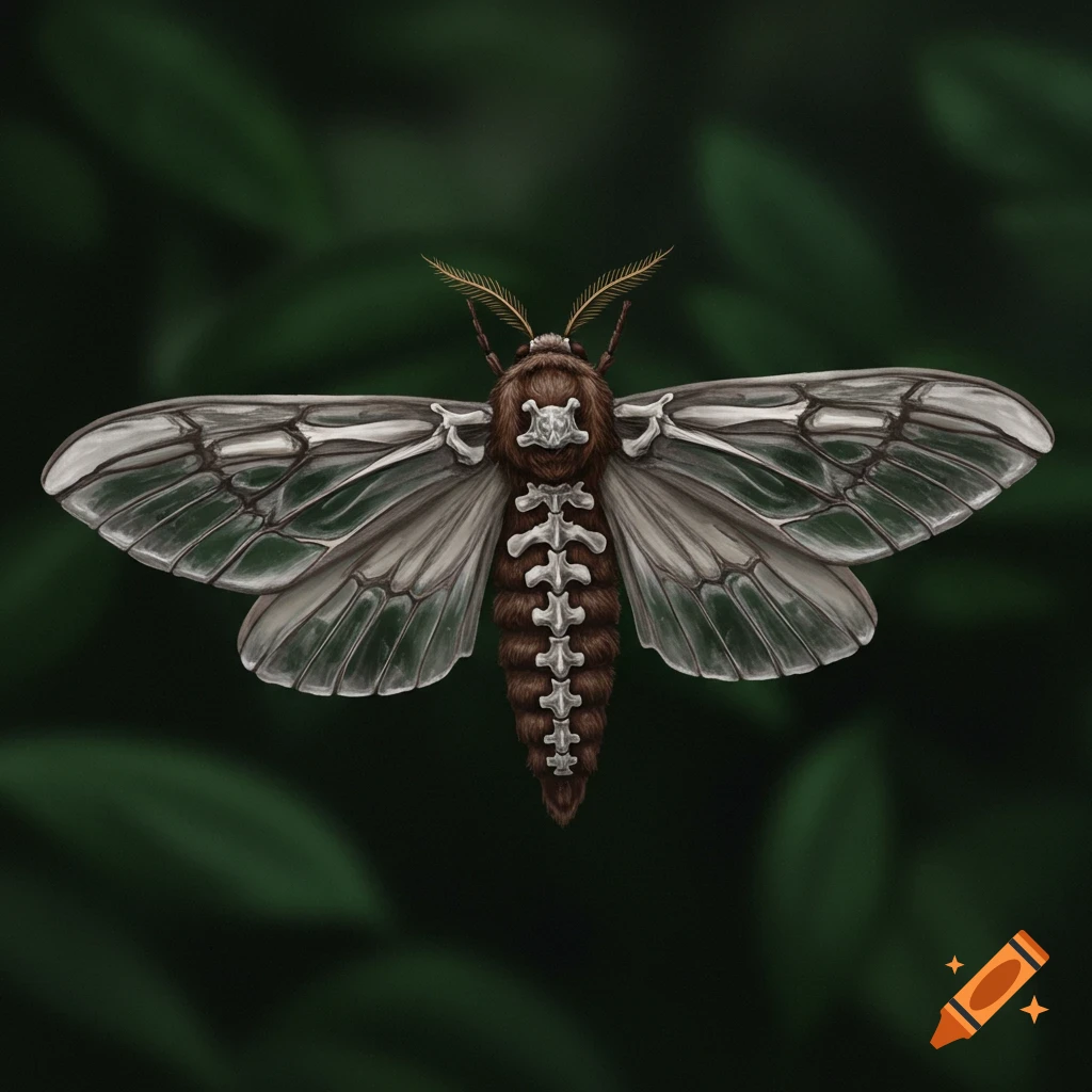 A moth with a skeletal spine and ribs on its body and wings