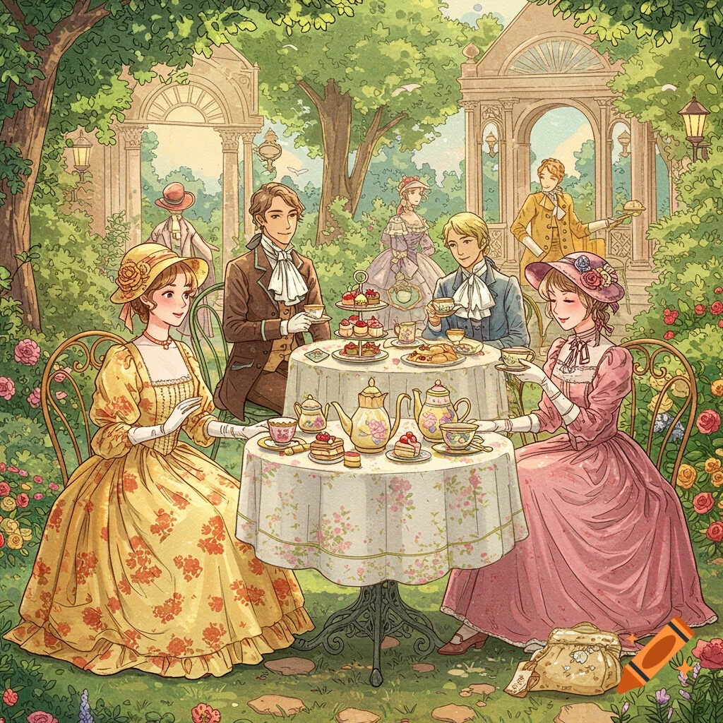 Vintage illustration of people having a tea party in a lush garden.