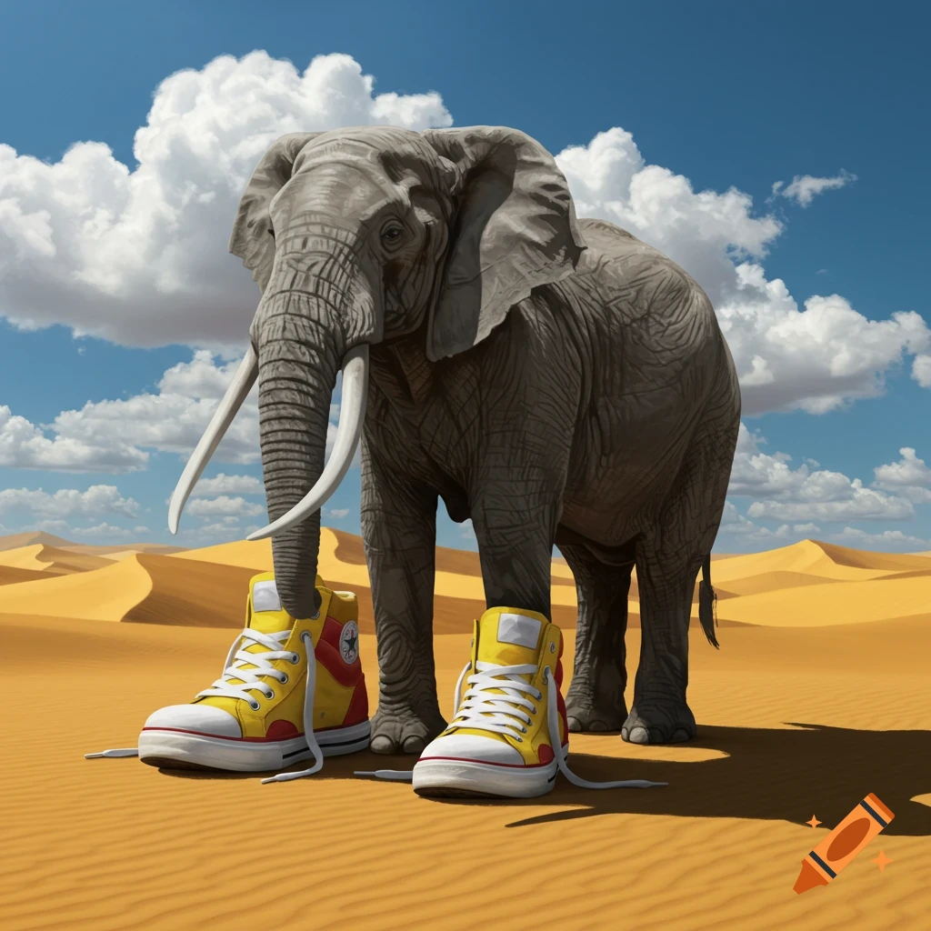An elephant wearing large yellow and red high-top shoes in a sunny desert landscape.