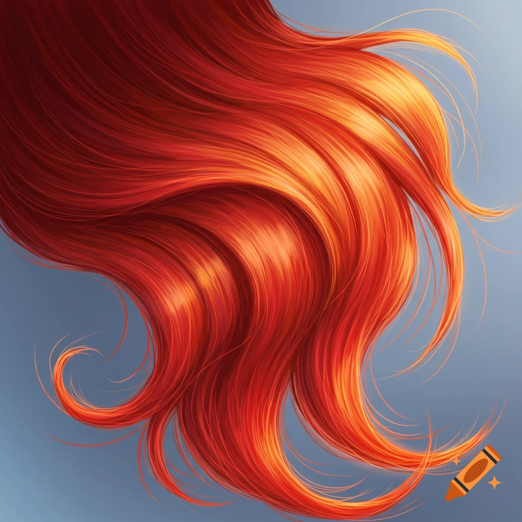 Flowing red hair against a blue background.