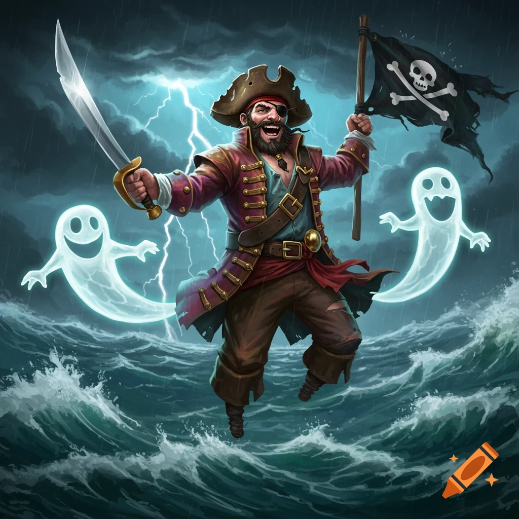 A pirate holding a sword and a skull and crossbones flag, floating above stormy seas with two friendly ghosts.