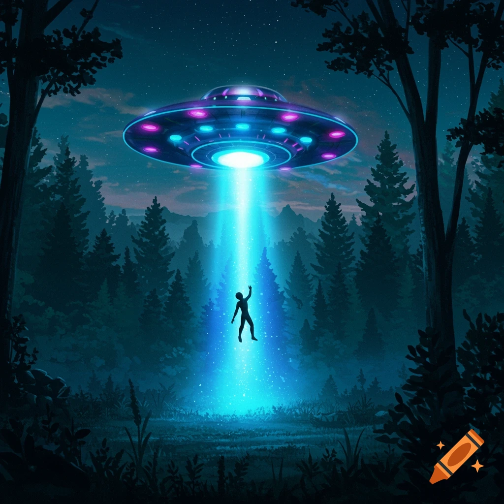 A person is lifted by a bright beam into a hovering UFO above a dark forest at night.