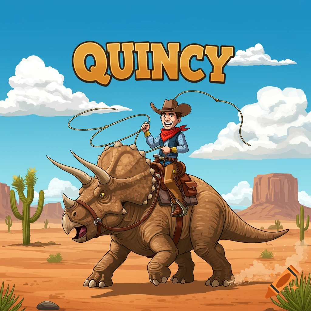 Cartoon cowboy riding a triceratops in a desert with the word QUINCY above.