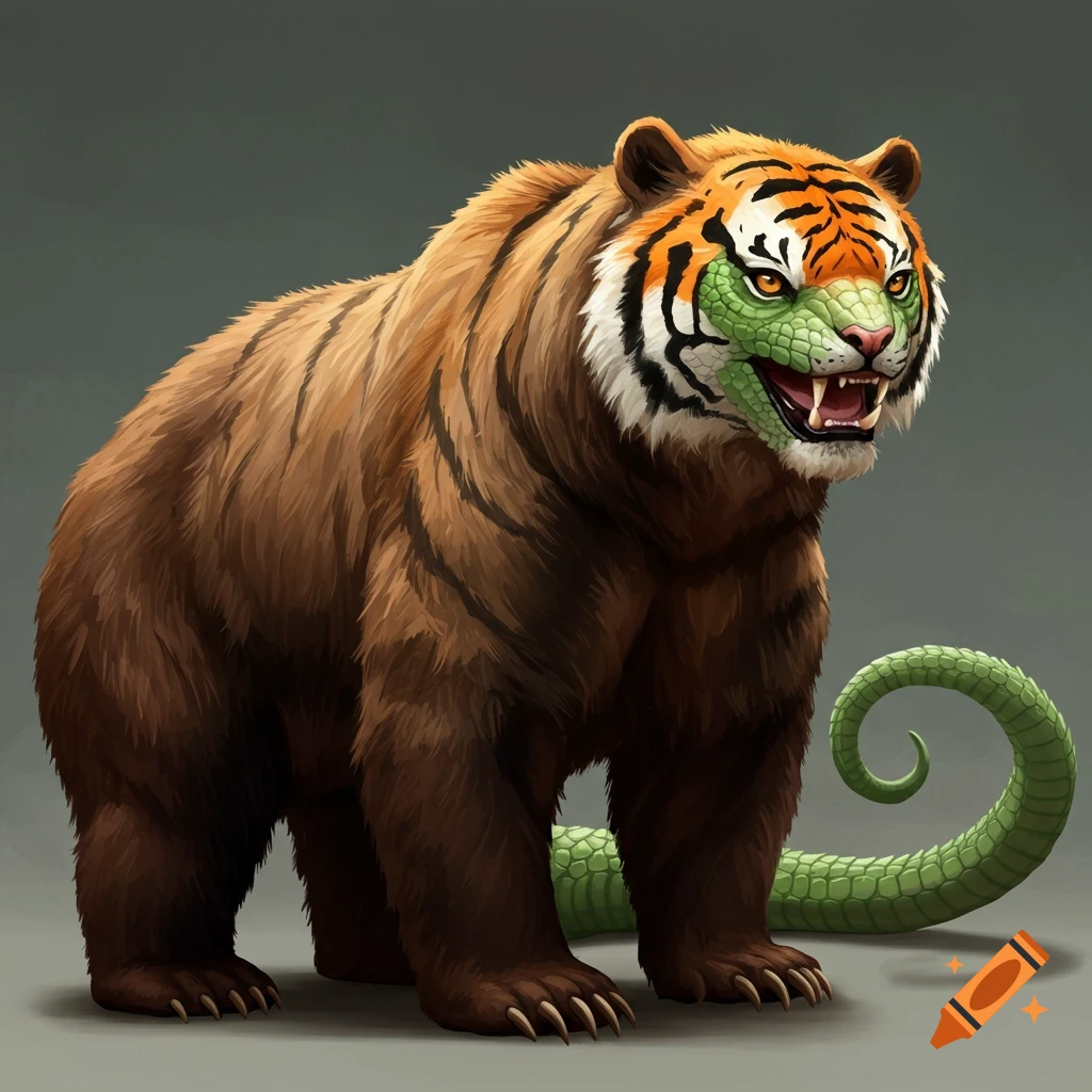A creature combining bear, tiger, and lizard features standing.