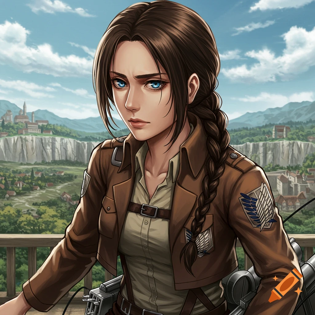 Anime portrait of a woman with brown braid, blue eyes, in a brown uniform jacket, on a balcony overlooking a walled city.