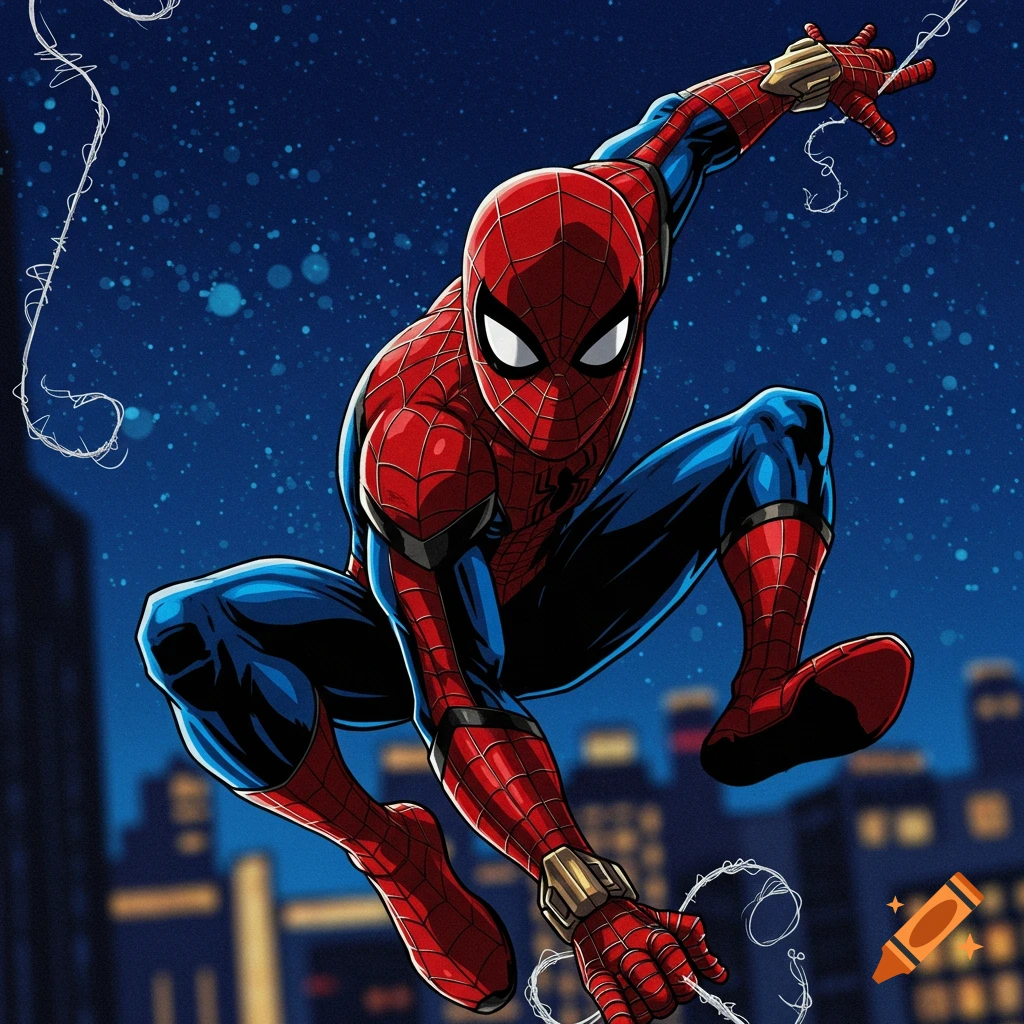 Spider-Man crouching in a city skyline at night, ready to swing web.