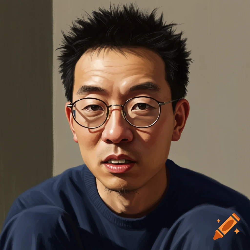 A portrait of a person with spiky hair and glasses wearing a blue sweater.