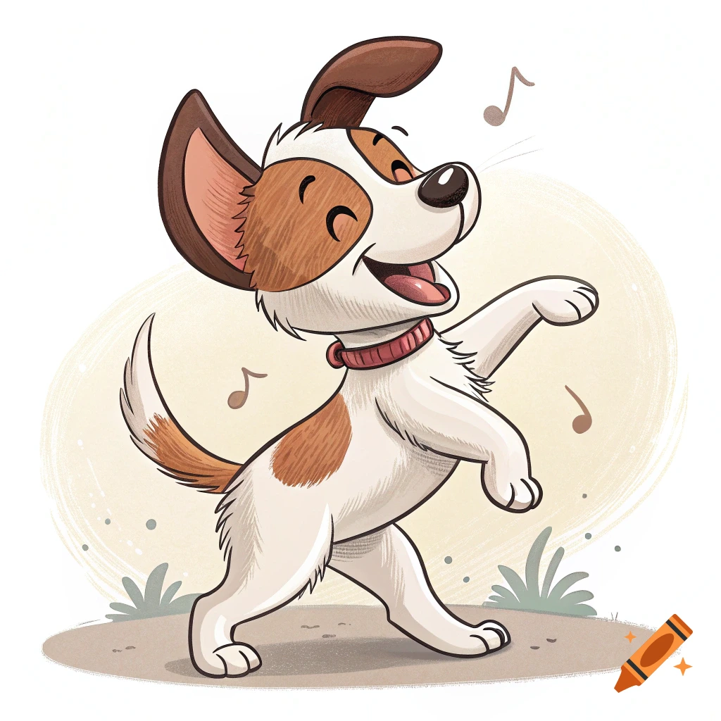 Cartoon puppy dancing with musical notes