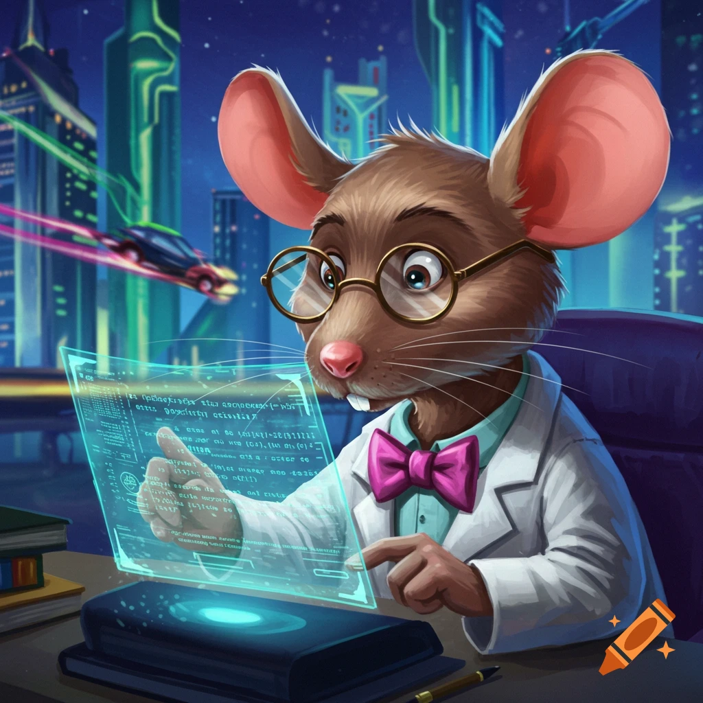 Cartoon mouse scientist in a lab coat and glasses working with a futuristic holographic screen in a cyberpunk city.
