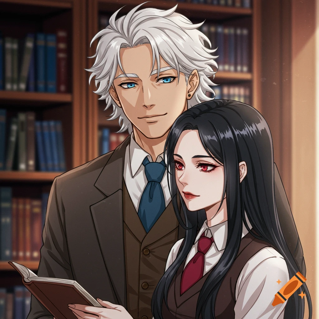 Anime illustration of a man and woman reading a book in a library.