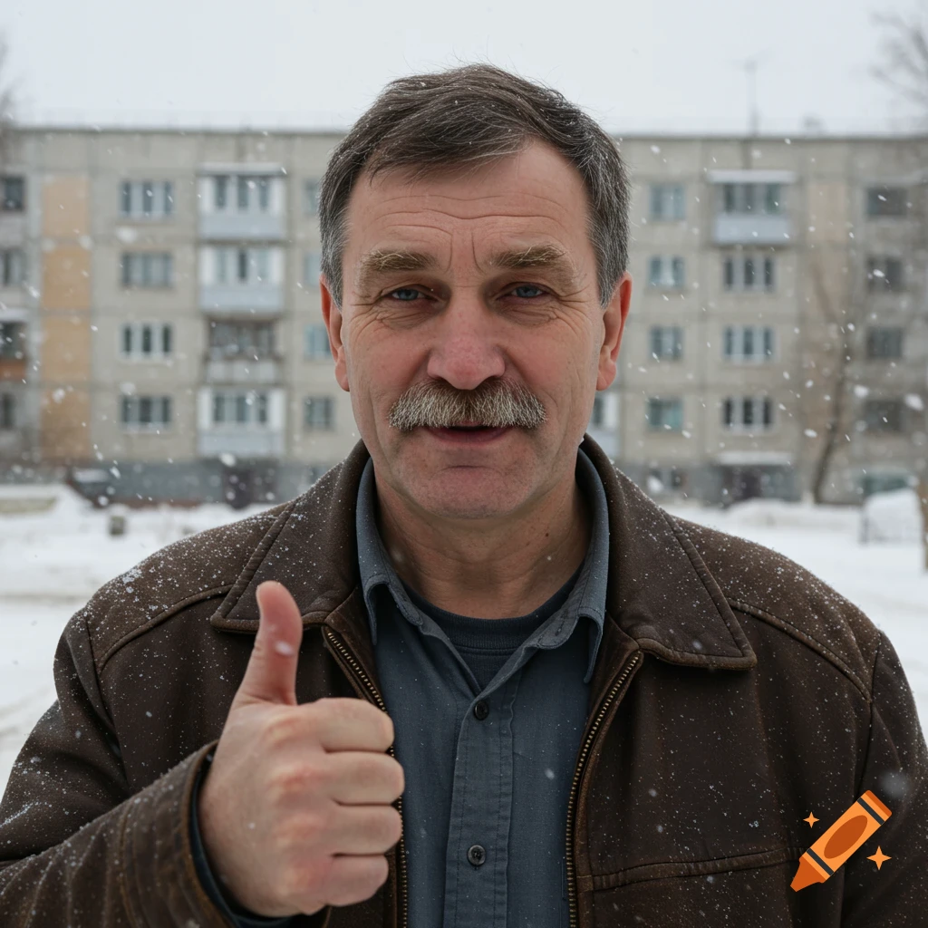A man with a mustache smiles and gives a thumbs up outdoors in the snow in front of a building.