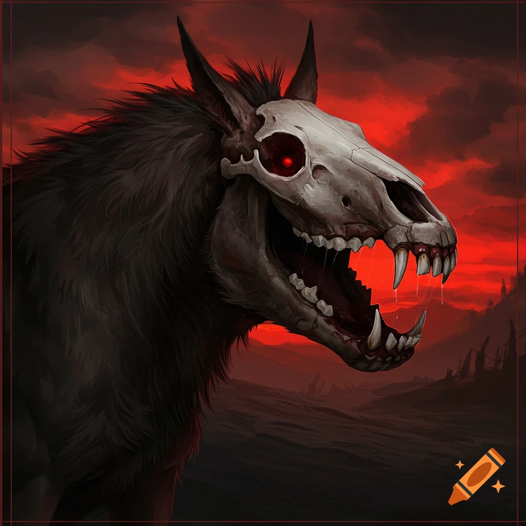 A scary creature with a horse skull head, sharp teeth, and red eyes against a dark red sky.