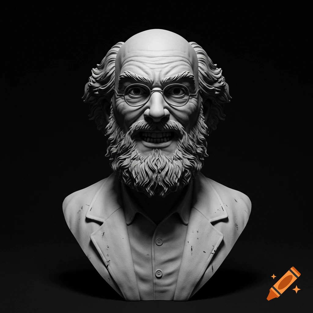 Black and white bust sculpture of a smiling old man with glasses and a beard