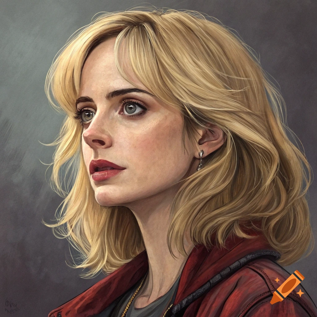 Realistic painting of a blonde woman in a red jacket looking left.