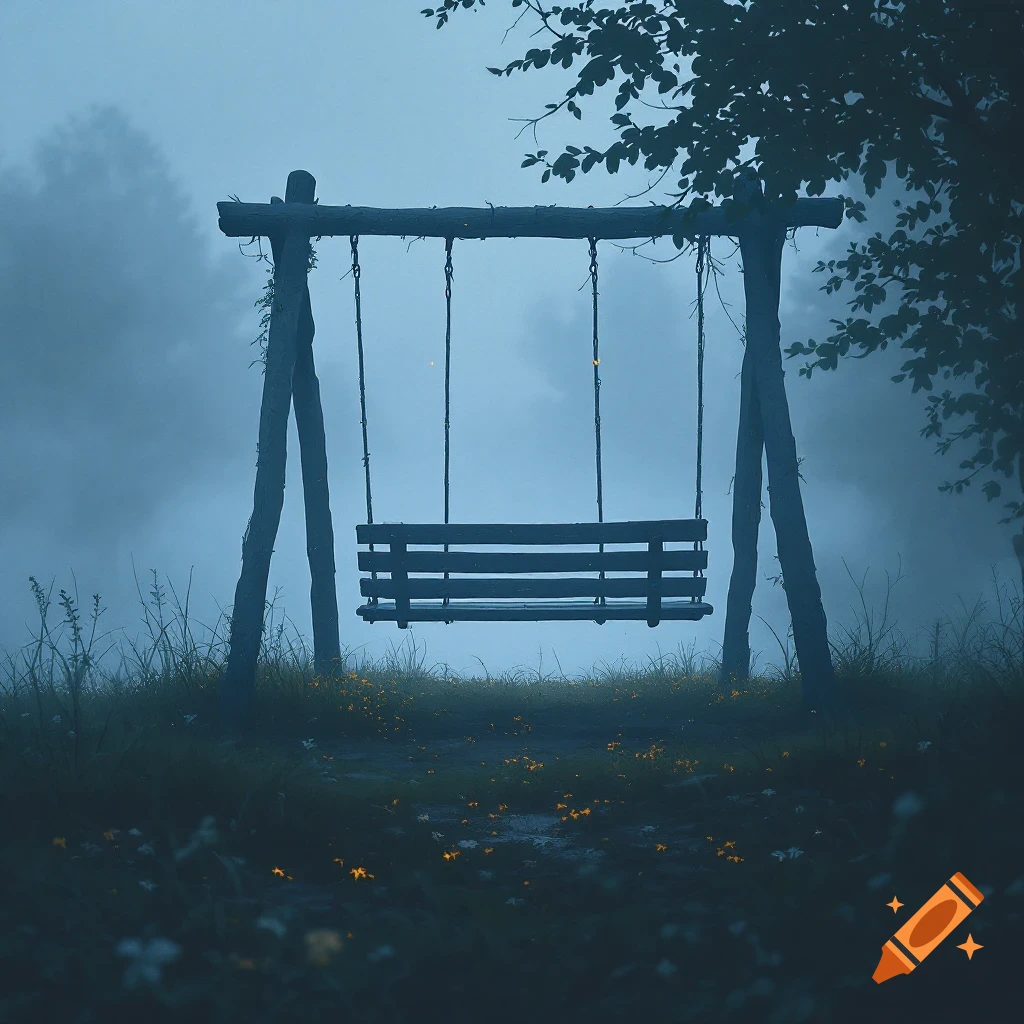 A wooden swing set shrouded in dense fog, with glowing embers scattered on the ground.