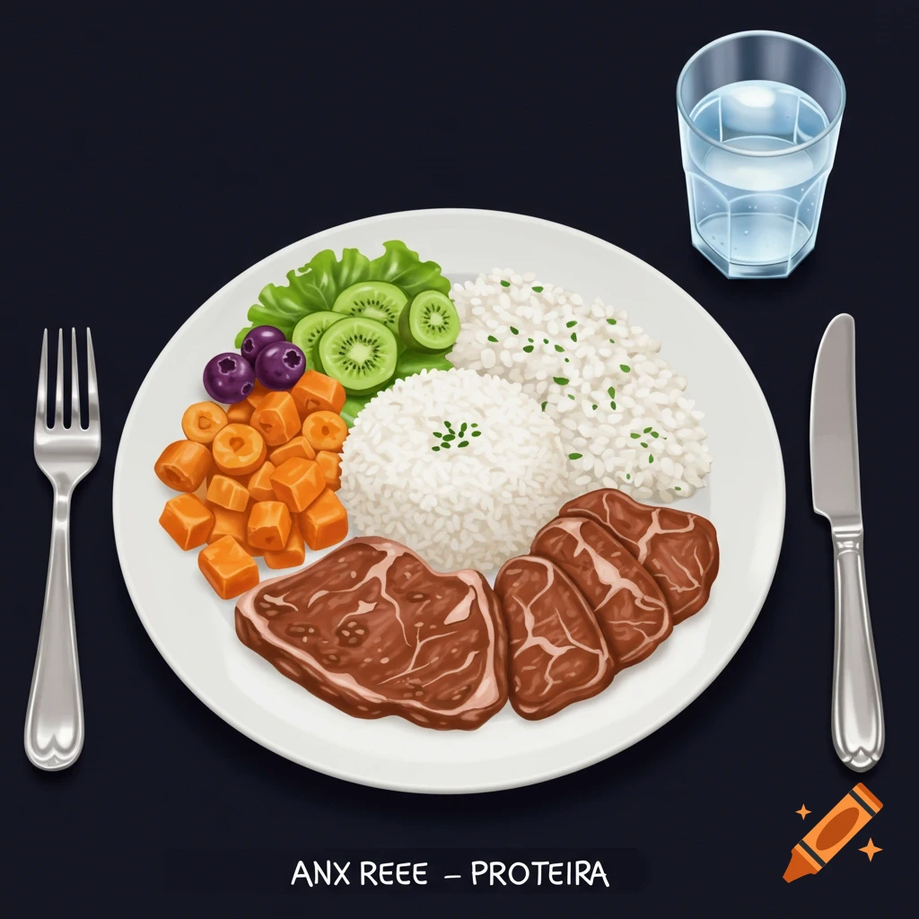 An illustration of a plate of food with steak, rice, vegetables, and fruit, and a glass of water.