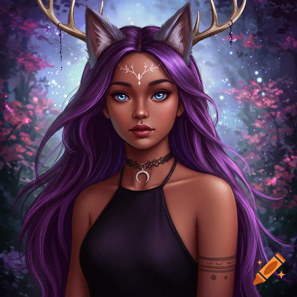A person with purple hair, wolf ears, and deer antlers in a forest.