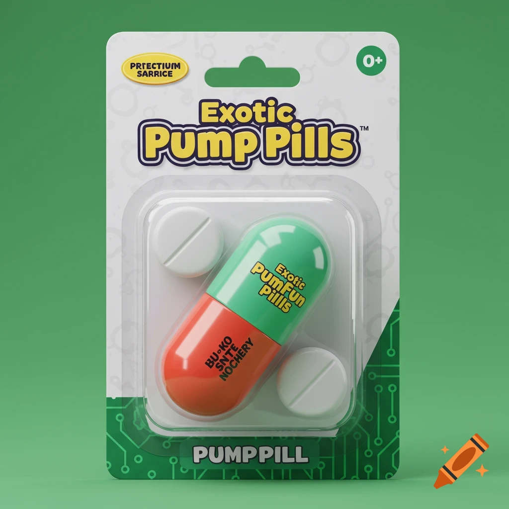 A stylized 3D rendered blister pack for a toy pill called "Exotic Pump Pills", showing a large capsule and white pills on a green background.