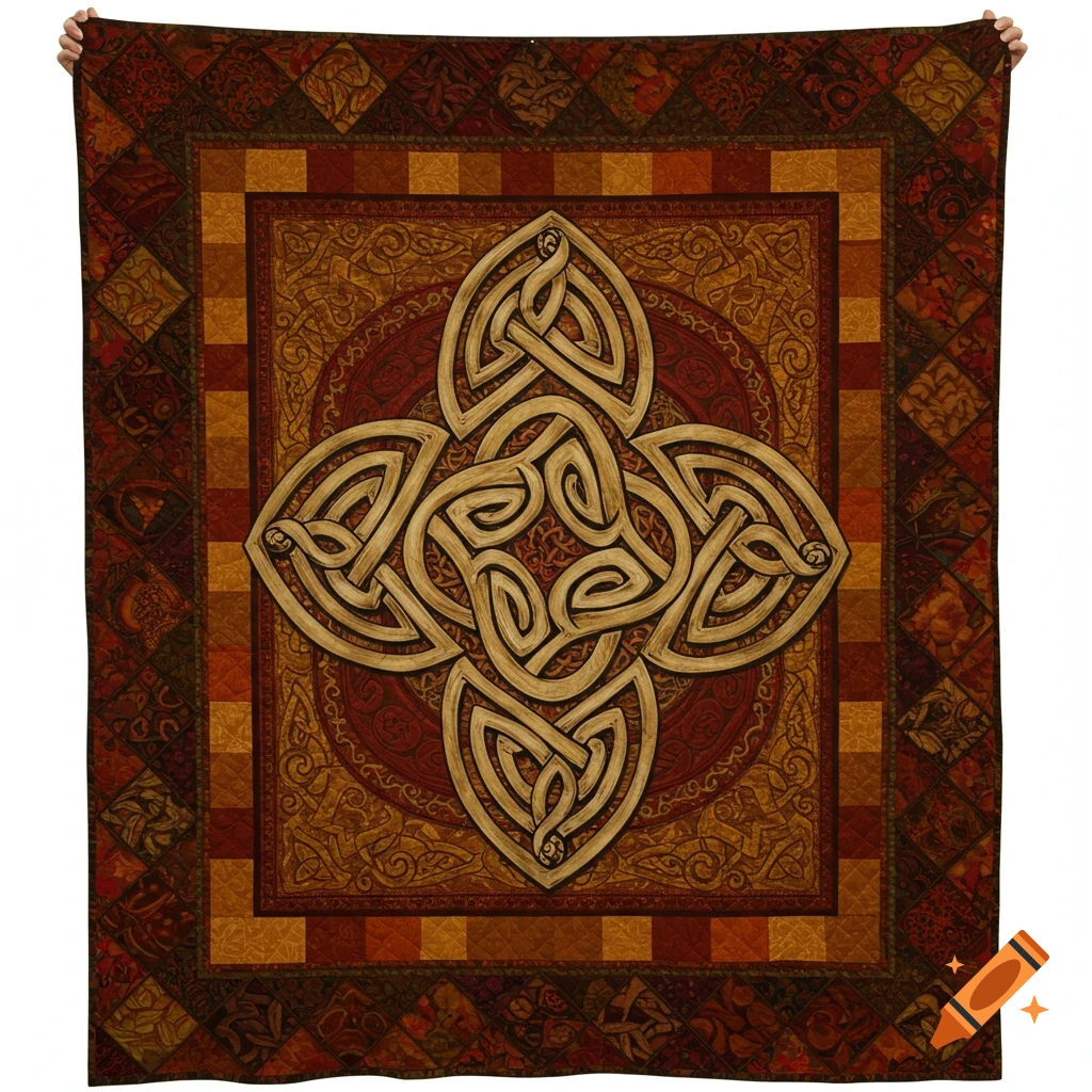 A quilt with a large celtic knot design in the center.