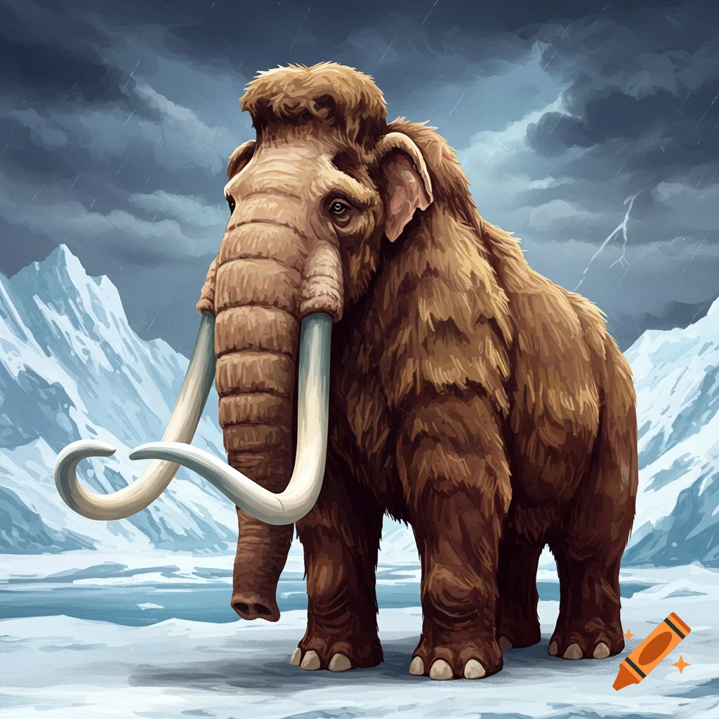 A woolly mammoth stands in a snowy landscape under a stormy sky.