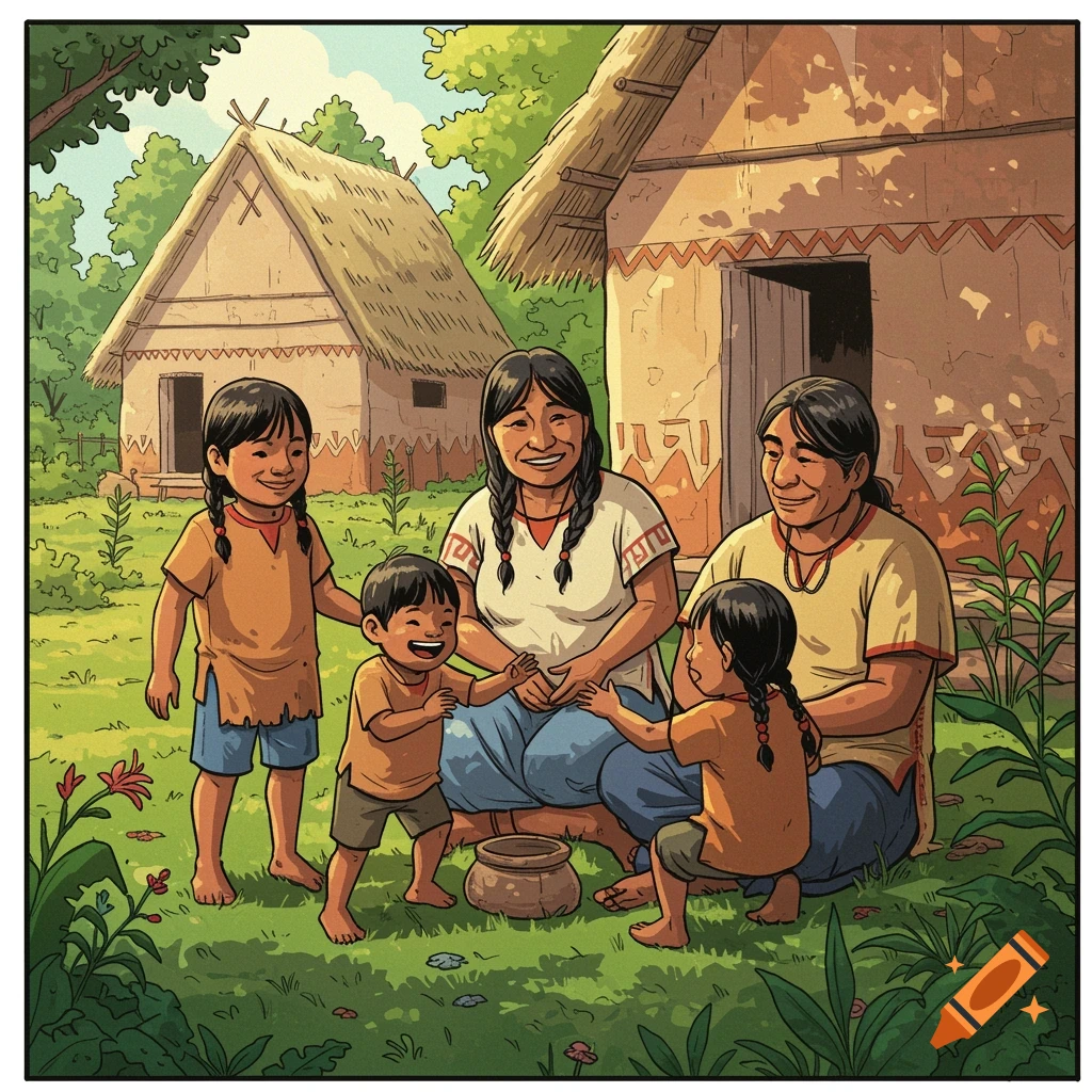 Indigenous family with children playing in a garden outside traditional homes, in a vibrant comic book style.
