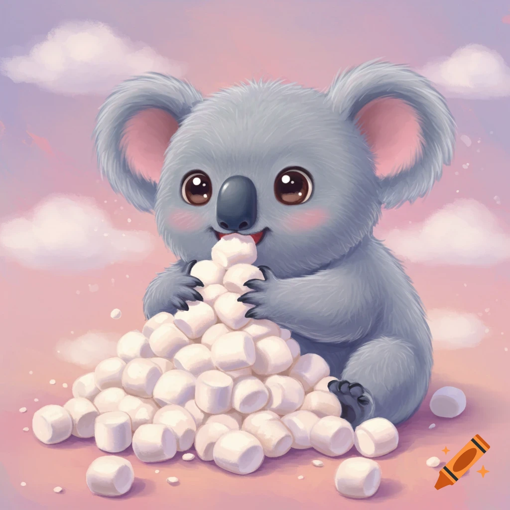 Cute cartoon koala sits with a large pile of marshmallows, eating one.