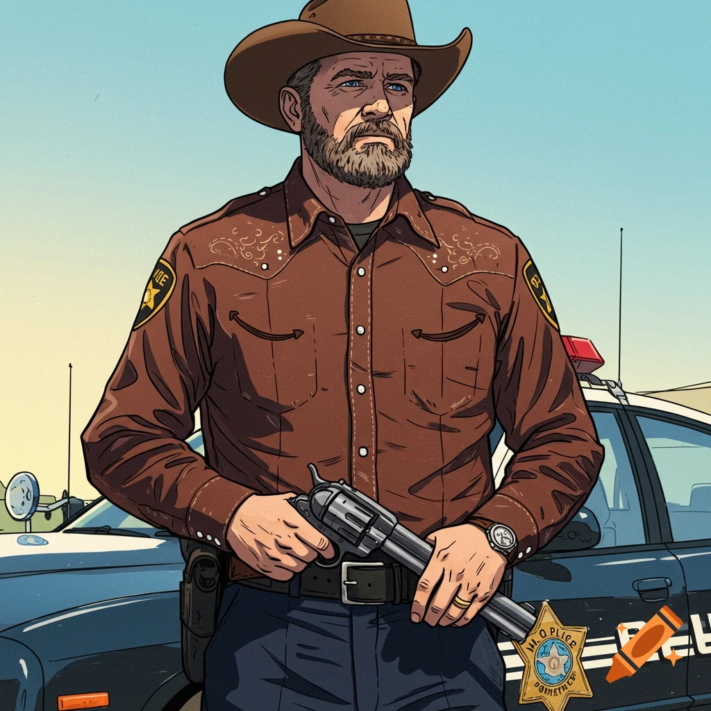 A police officer in western wear holds a gun in front of a police car.