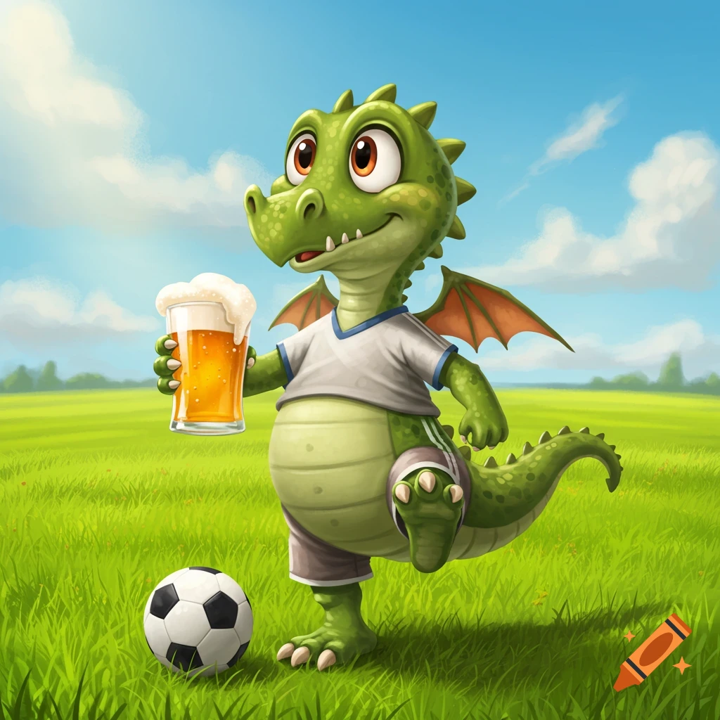 Cartoon dragon in soccer uniform holds a glass of beer next to a soccer ball on a grassy field.