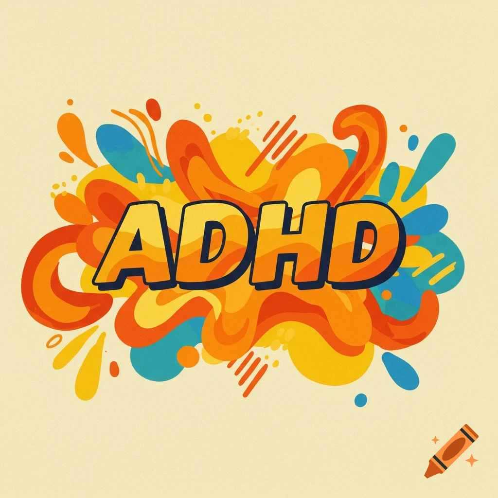 Stylized orange ADHD text surrounded by colorful abstract shapes, digital illustration.