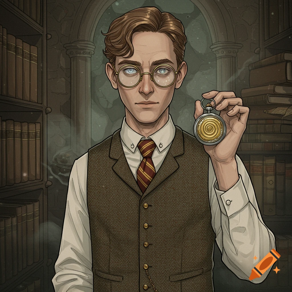 Illustrated portrait of a man in a tweed vest holding a pocket watch in a gothic library.