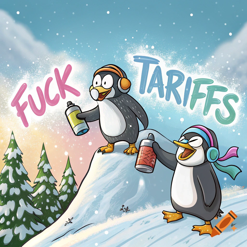 Cartoon penguins spray painting 'FUCK TARIFFS' on a snowy mountain.