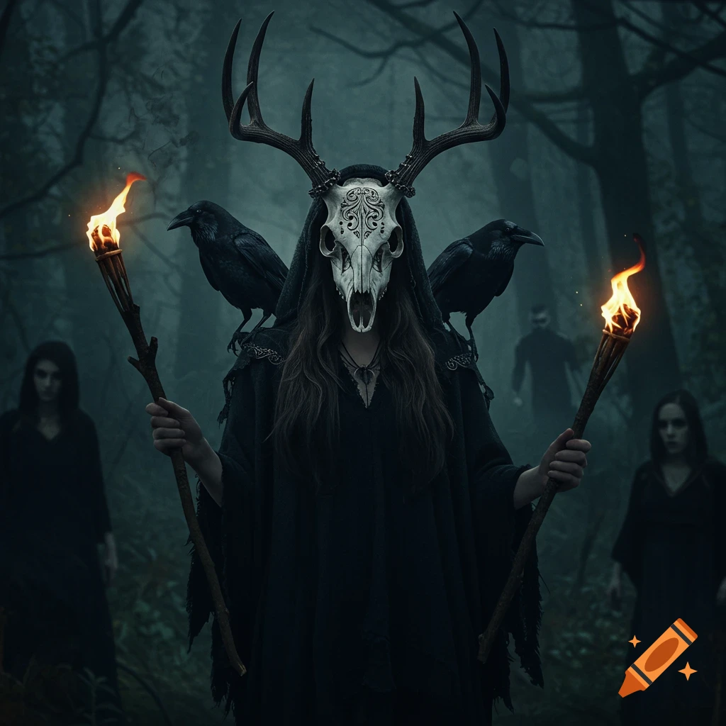 Figure with deer skull mask and antlers holds torches, flanked by ravens in a dark forest.