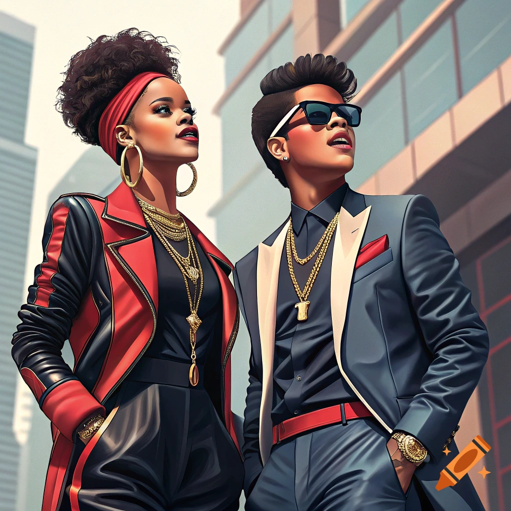 Two stylish people in fashionable urban outfits look up against a building background.