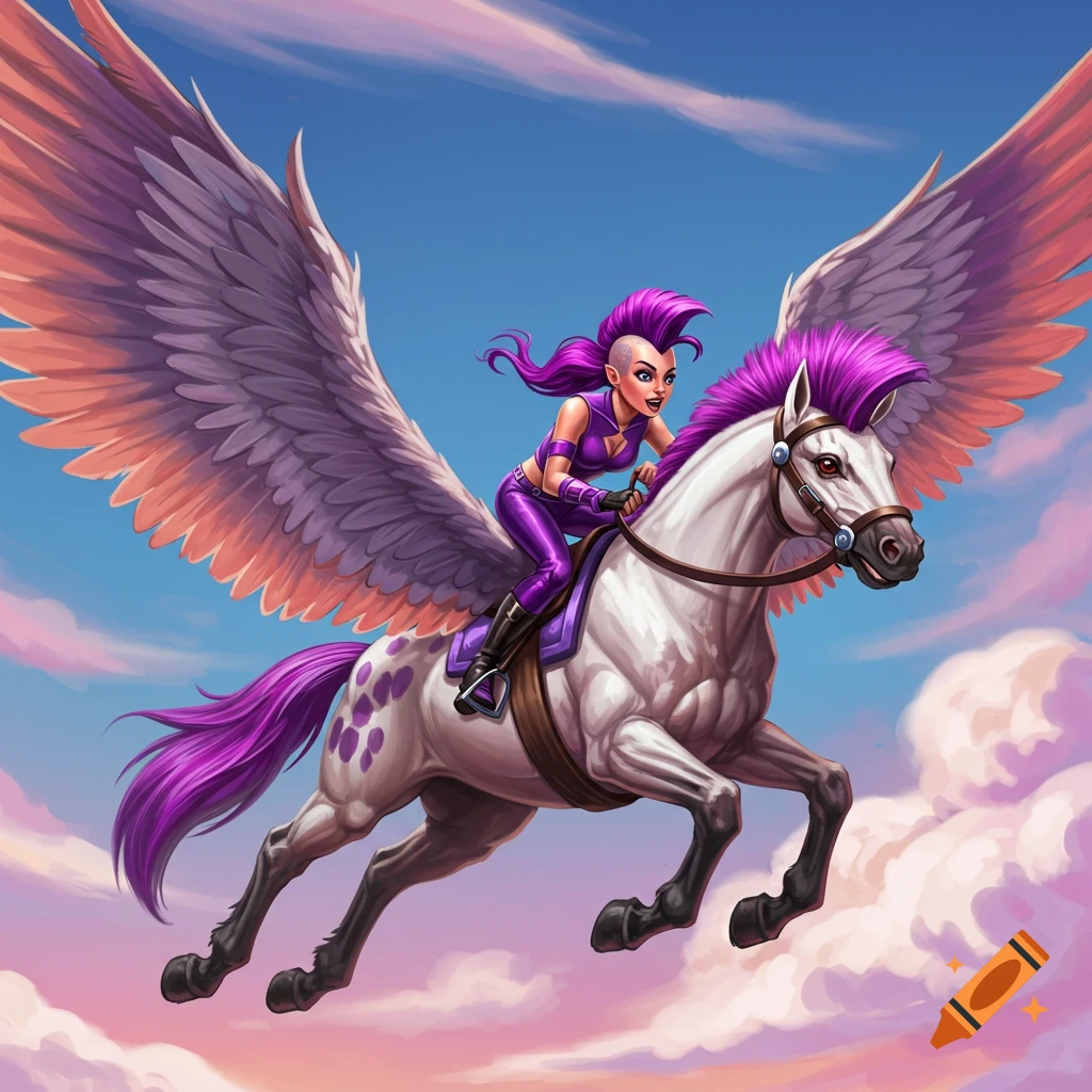 A woman with purple mohawk riding a white flying horse with purple spots and mohawk through the sky.