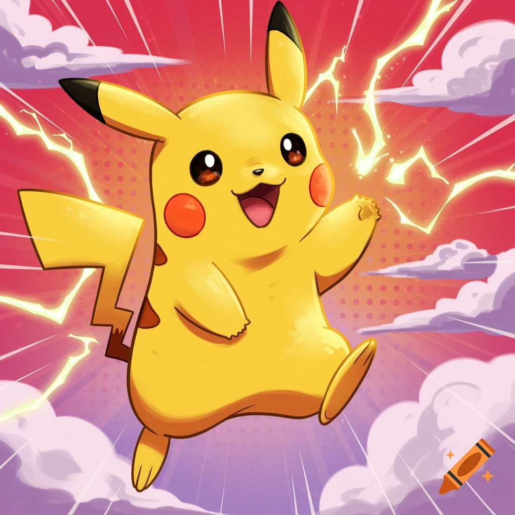Pikachu jumping with lightning in comic book style